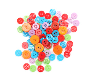 Many colorful plastic sewing buttons isolated on white, top view