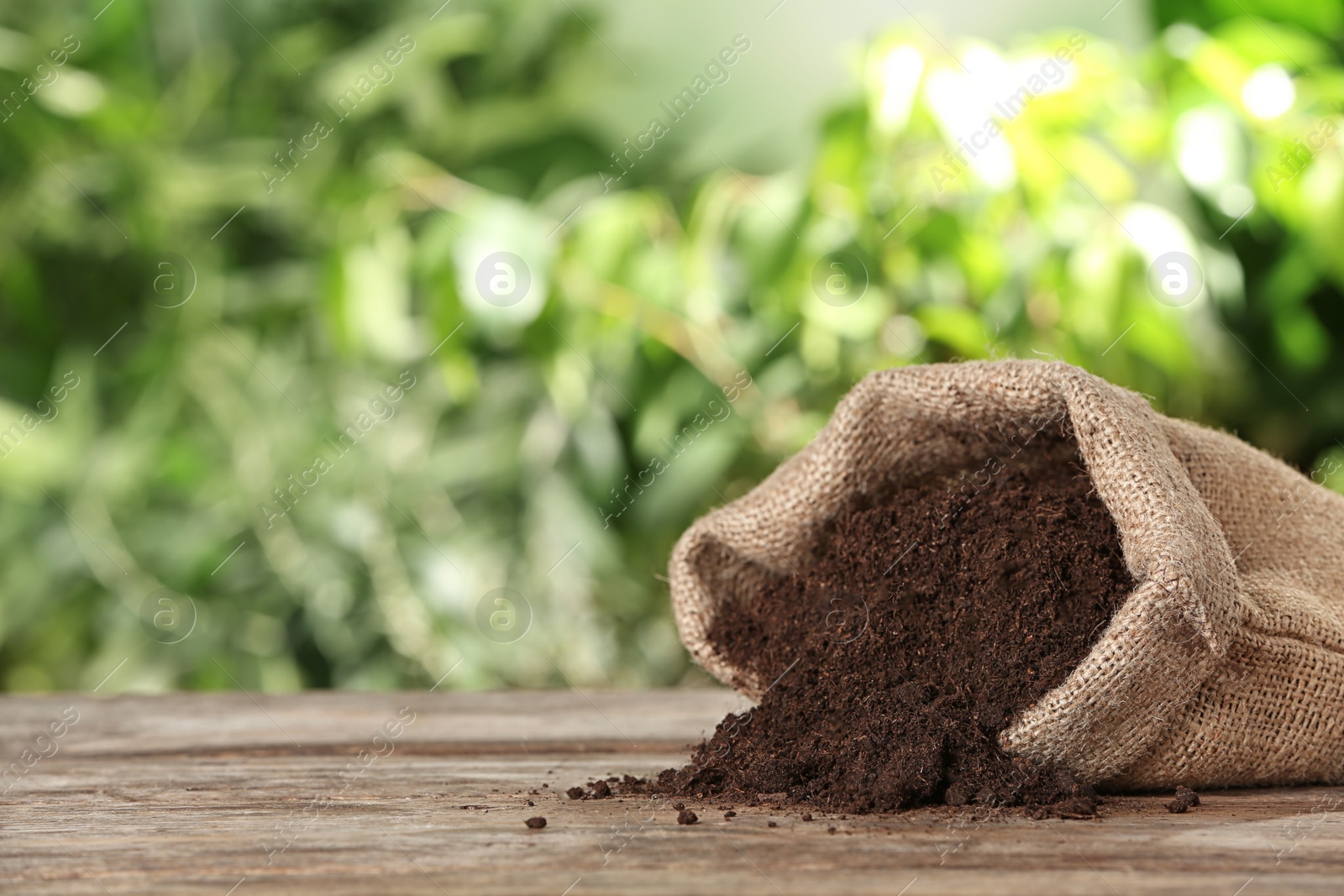 Photo of Bag and scattered soil on wooden table against blurred background, space for text. Gardening time