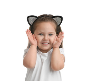 Portrait of cute little girl on white background