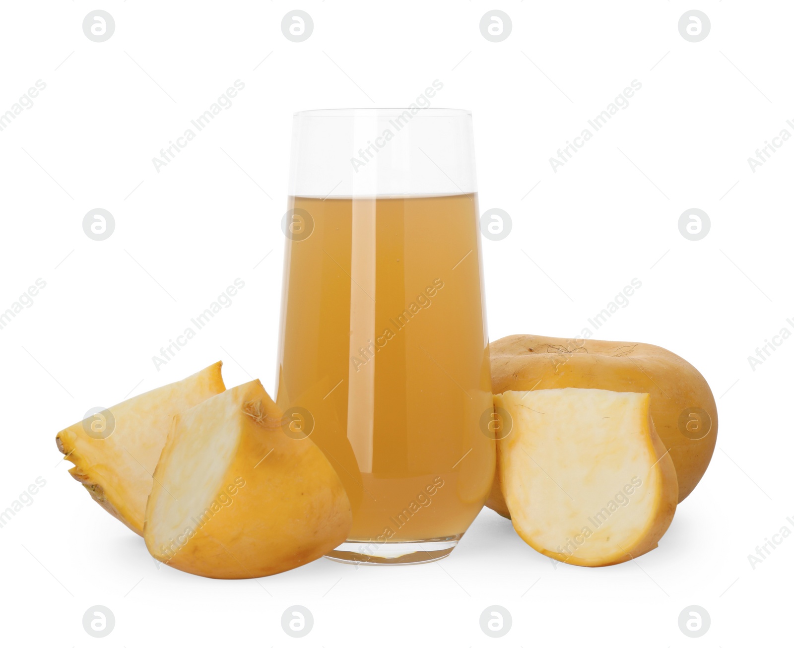 Photo of Glass of freshly made turnip juice on white background