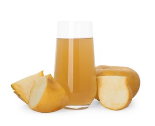 Photo of Glass of freshly made turnip juice on white background