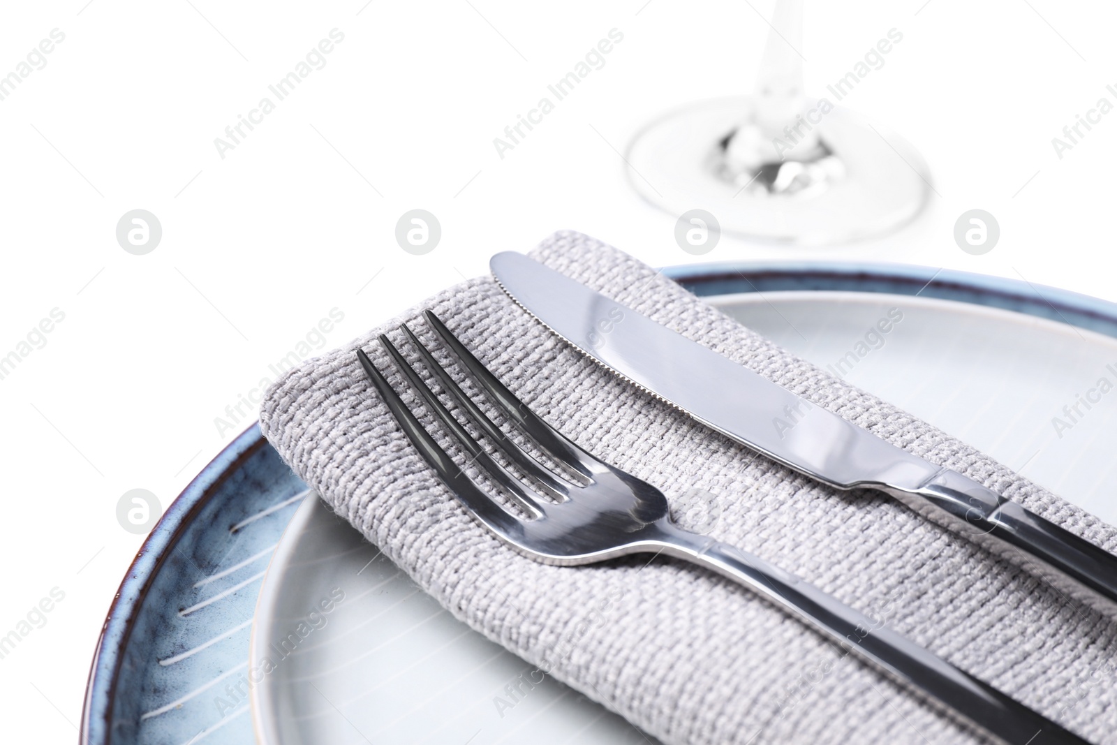 Photo of Elegant table setting on white background, closeup