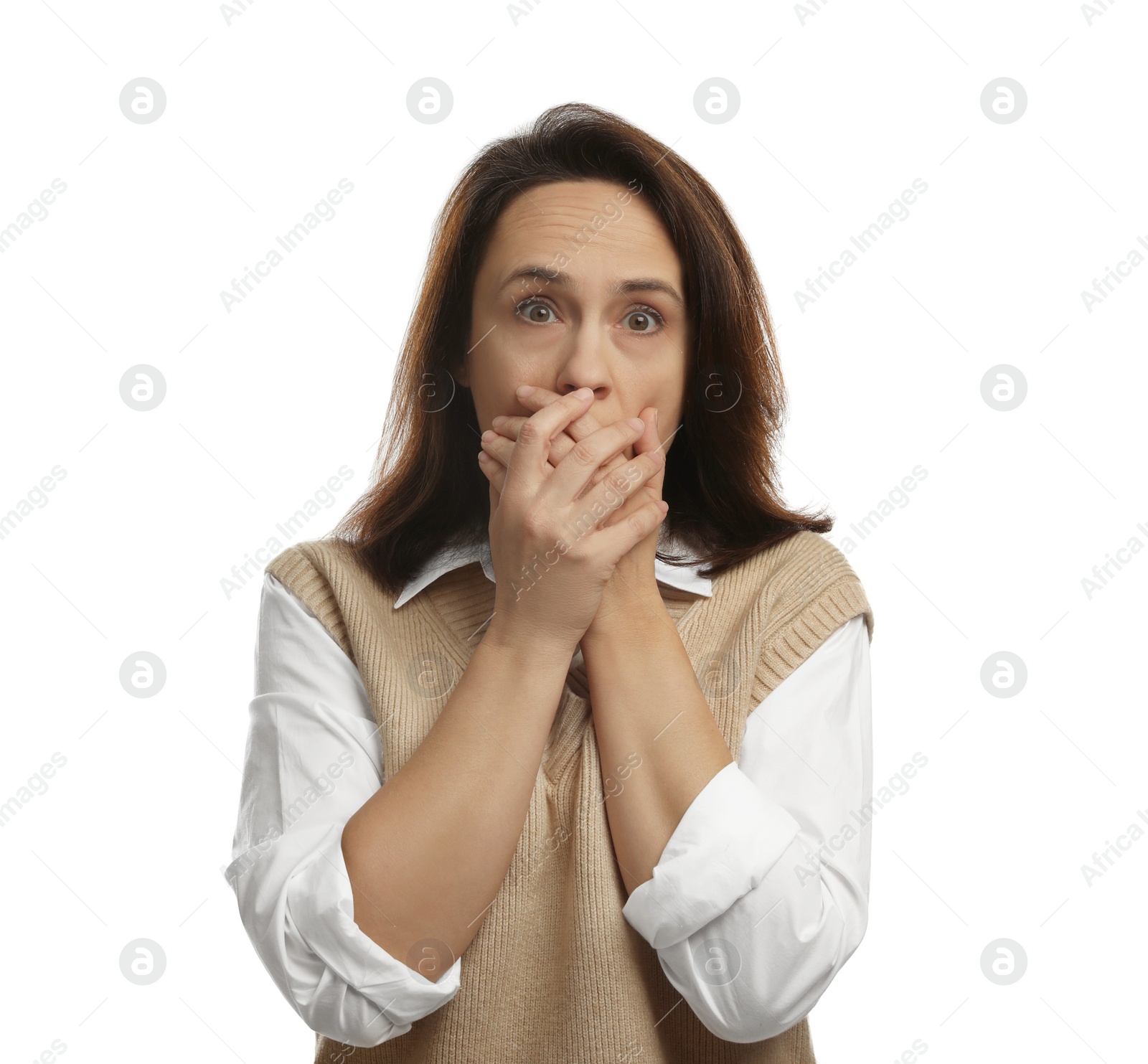 Photo of Mature woman feeling fear on white background