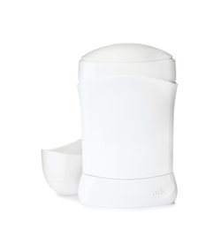 Photo of Blank plastic deodorant container on white background