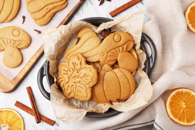 Photo of Flat lay composition with tasty cookies and spices on white table