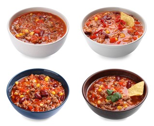 Image of Set with tasty chili con carne on white background 