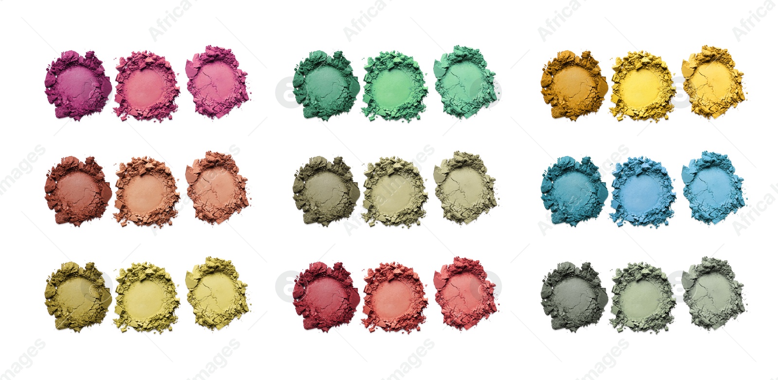 Image of Set of different crushed eye shadows on white background, top view. Bright palette