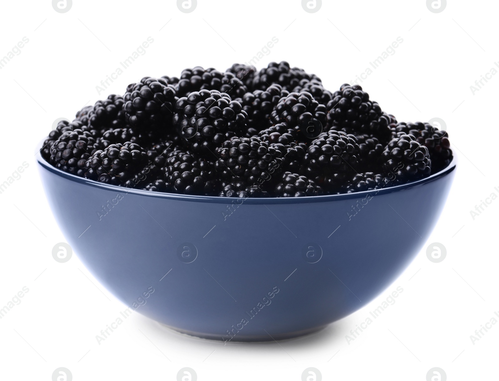 Photo of Blue bowl of tasty ripe blackberries on white background