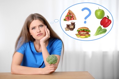 Image of Woman with broccoli thinking about what to chose - healthy and unhealthy food at table indoors