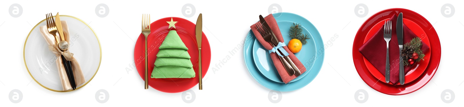 Image of Set with examples of different beautiful table settings on white background, top view. Banner design