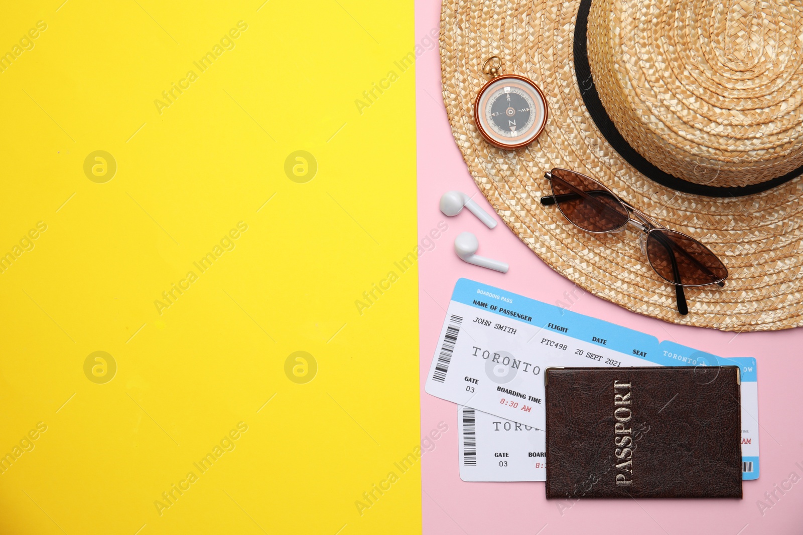 Photo of Flat lay composition with passport, tickets and travel items on color background. Space for text
