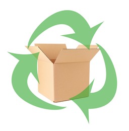 Image of Cardboard box and recycling symbol on white background