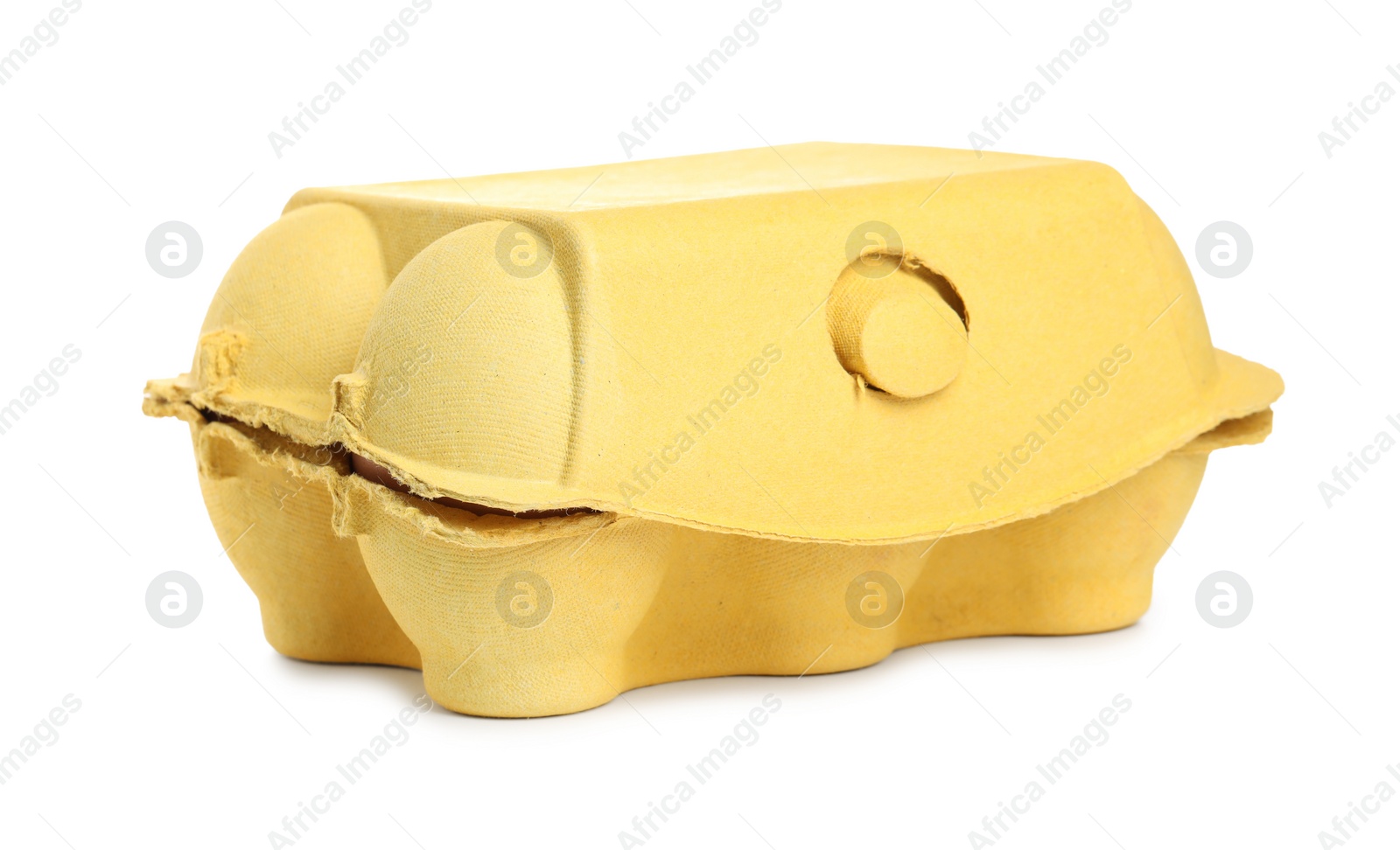 Photo of One yellow egg carton isolated on white