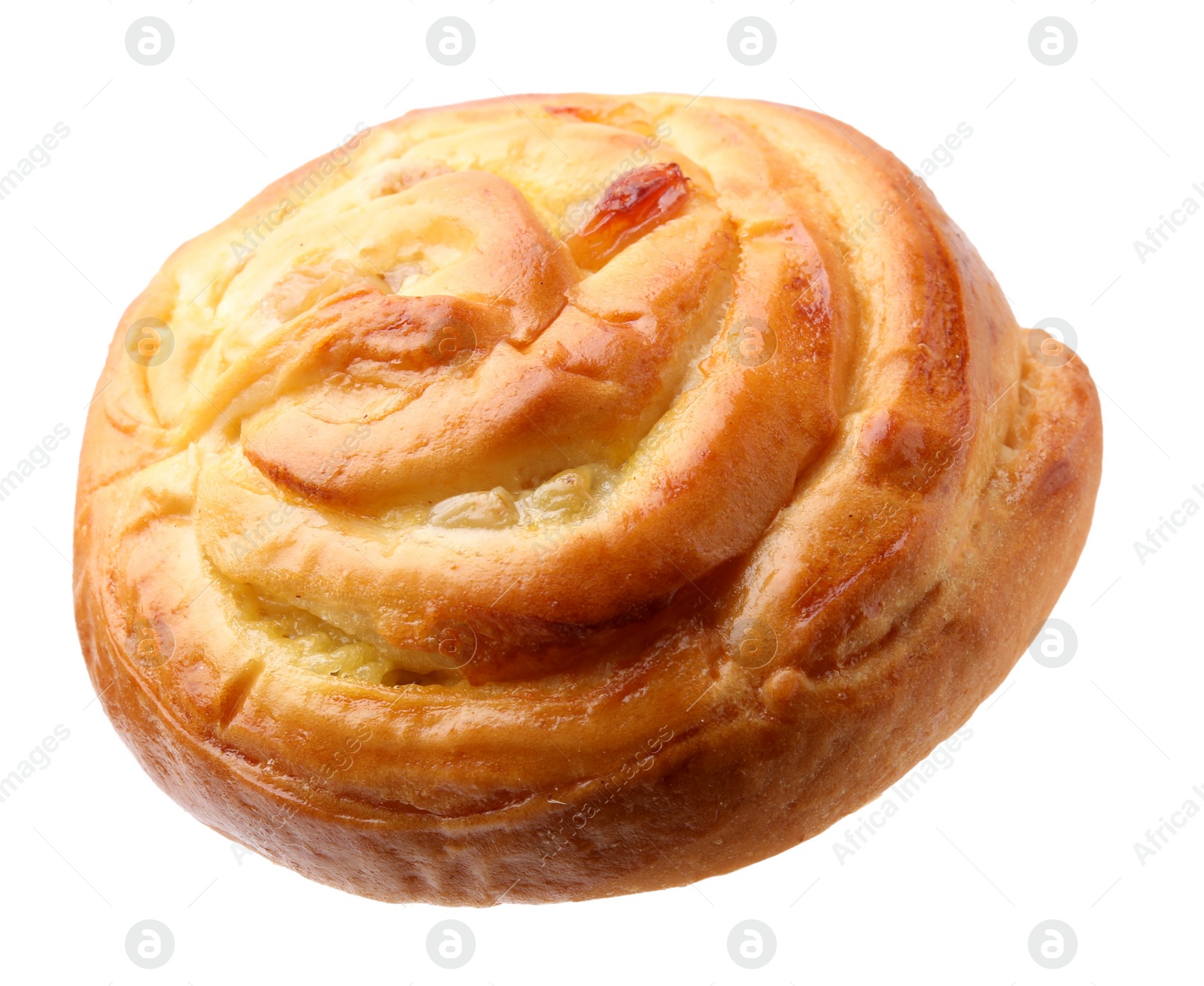 Photo of One delicious roll with raisins isolated on white. Sweet bun