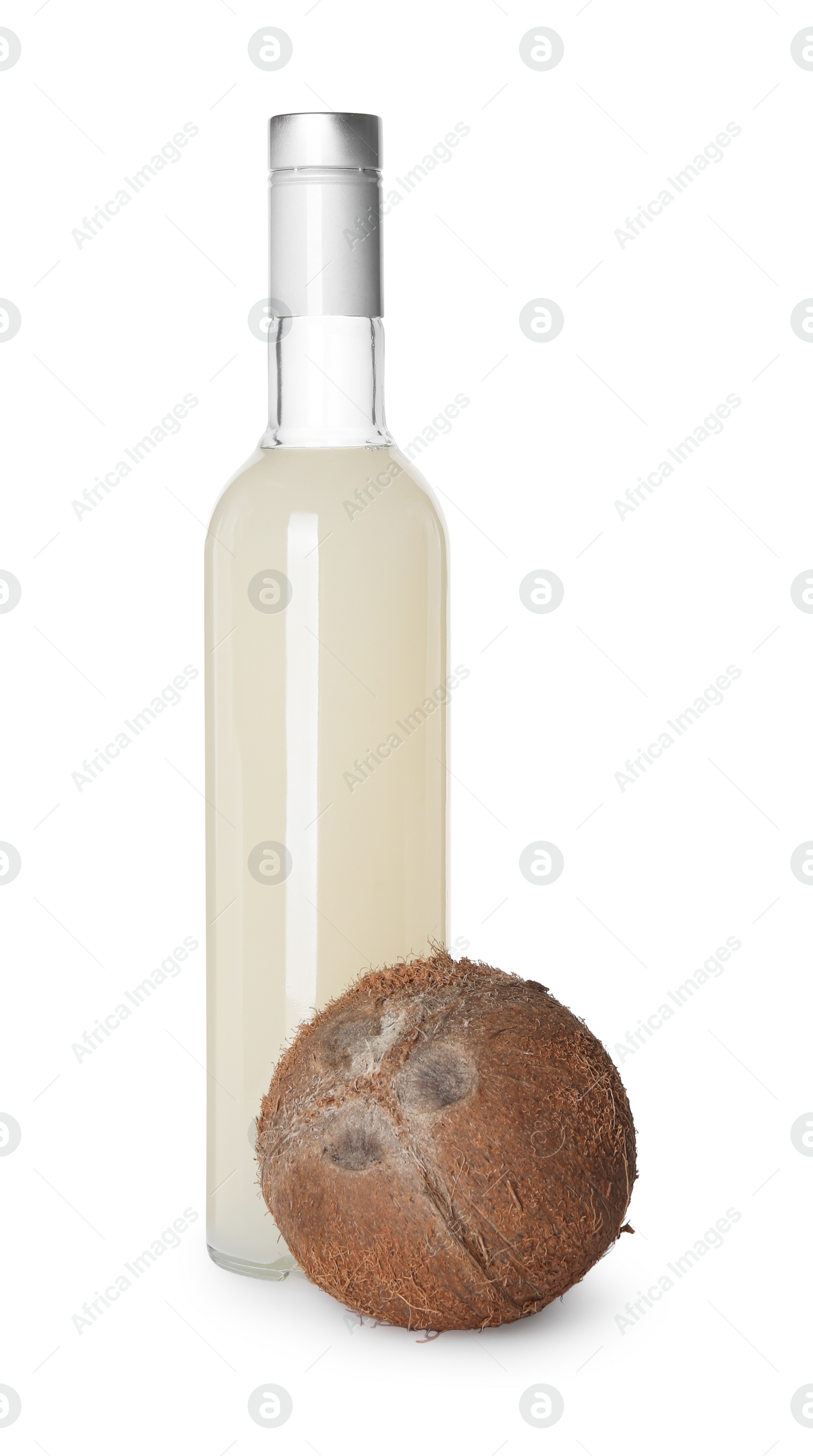 Photo of Delicious syrup for coffee and coconut on white background