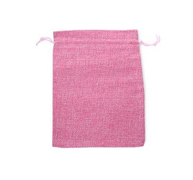 Photo of One pink burlap bag isolated on white, top view