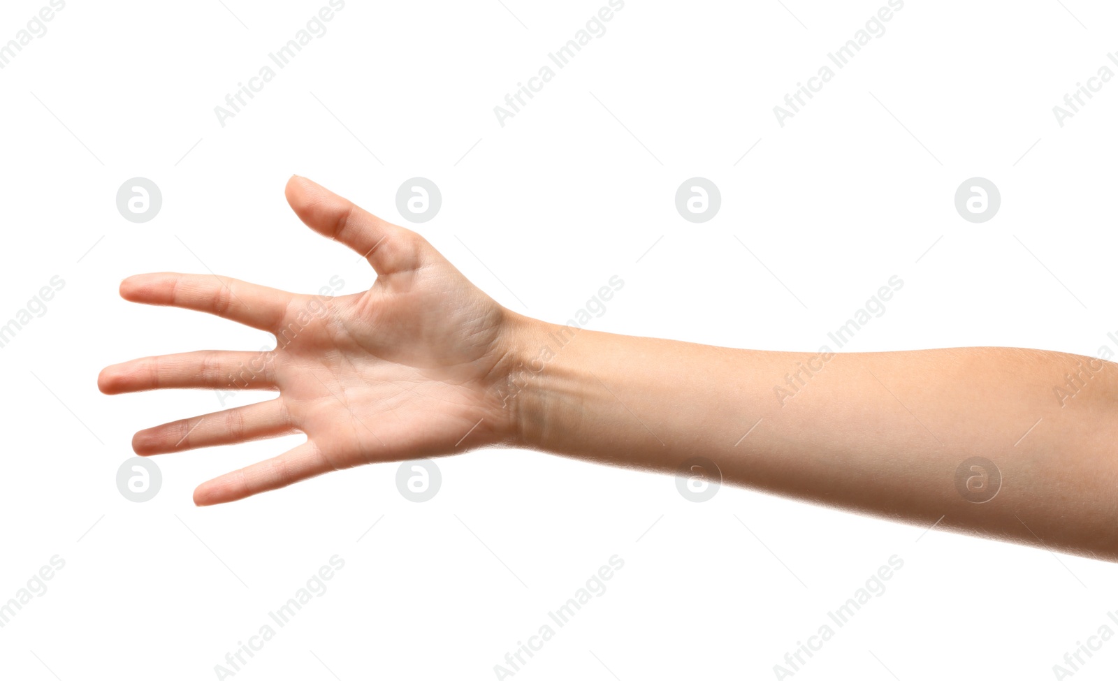 Photo of Young woman reaching hand for shake on white background, closeup