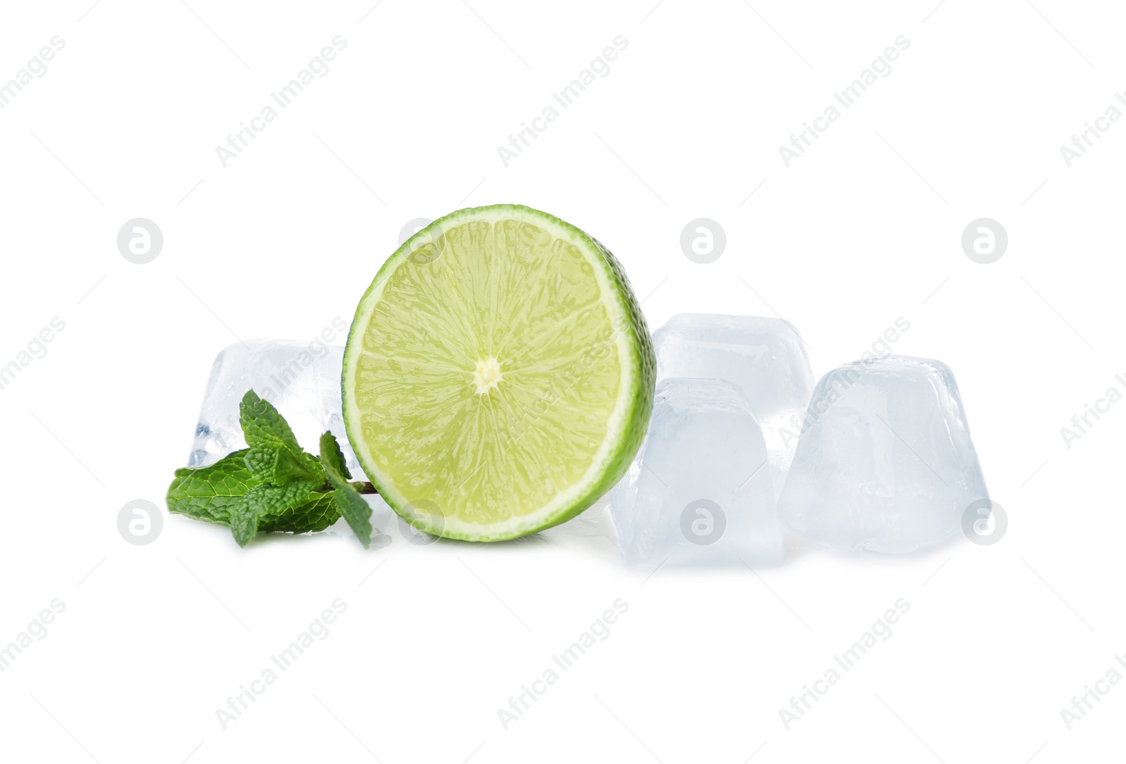 Photo of Ice cubes, mint and lime on white background