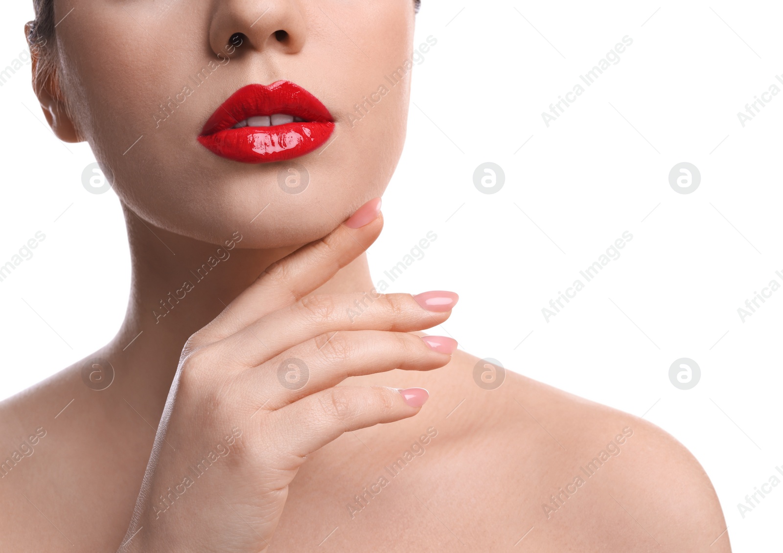 Photo of Closeup view of woman with beautiful full lips on white background