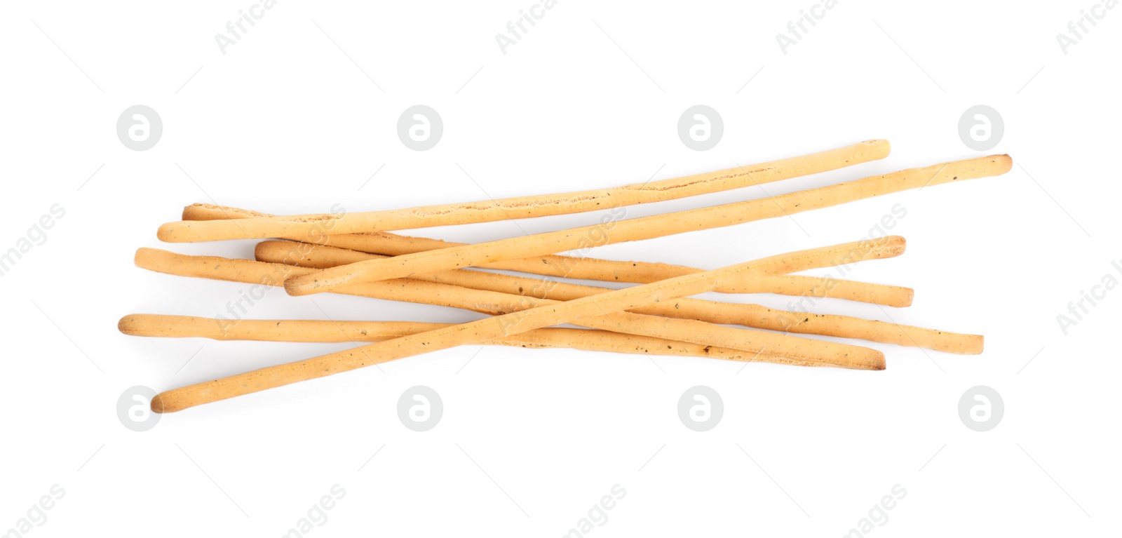 Photo of Delicious grissini sticks on white background, top view