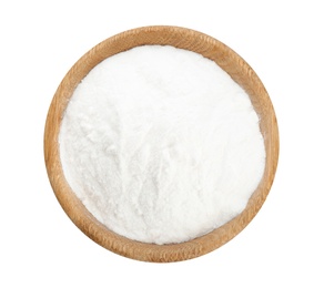 Photo of Wooden bowl with baking soda on white background, top view