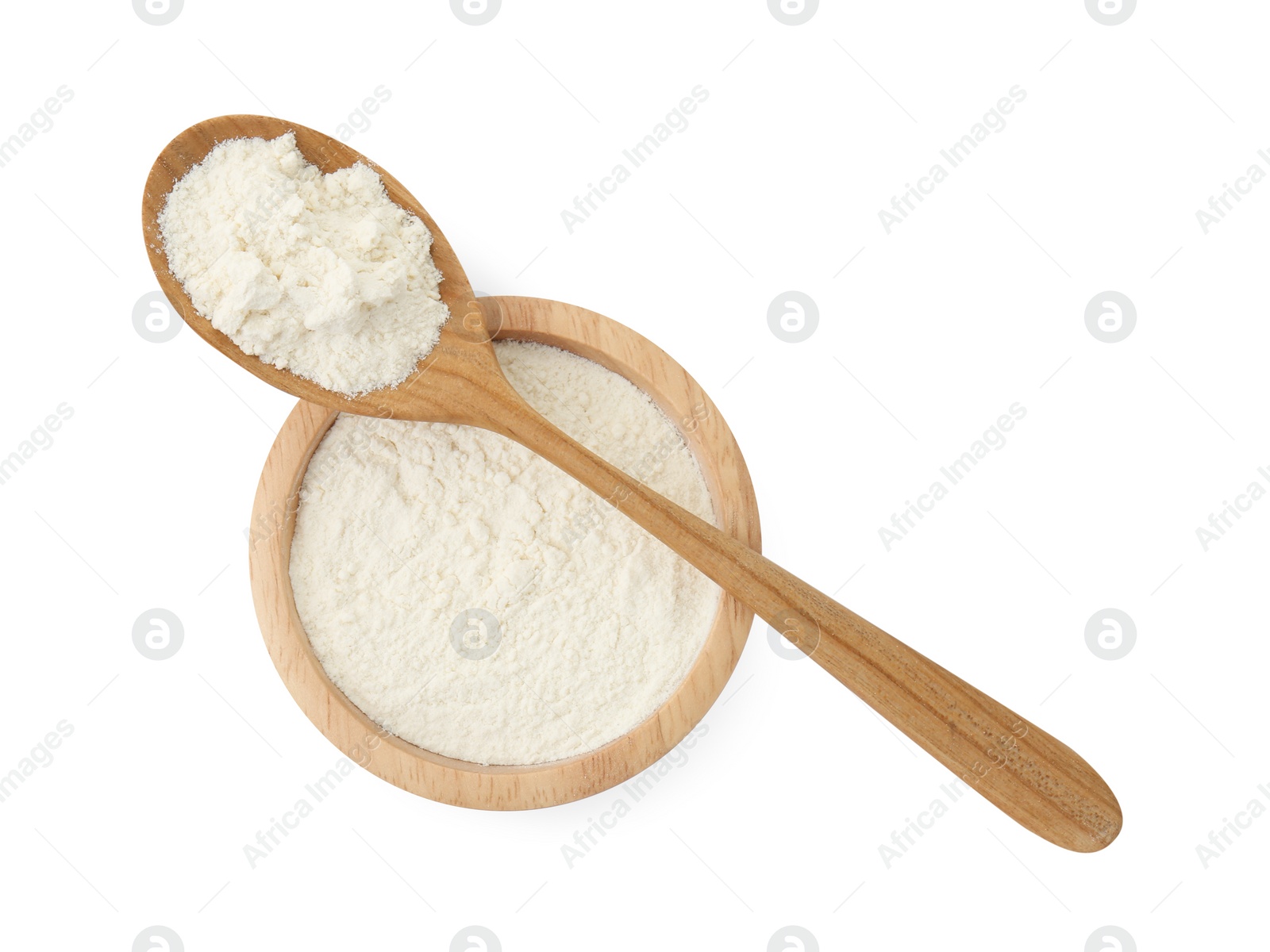 Photo of Baking powder in bowl and spoon isolated on white, top view