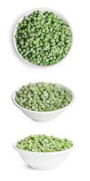 Image of Frozen peas in bowls on white background. Vegetable preservation