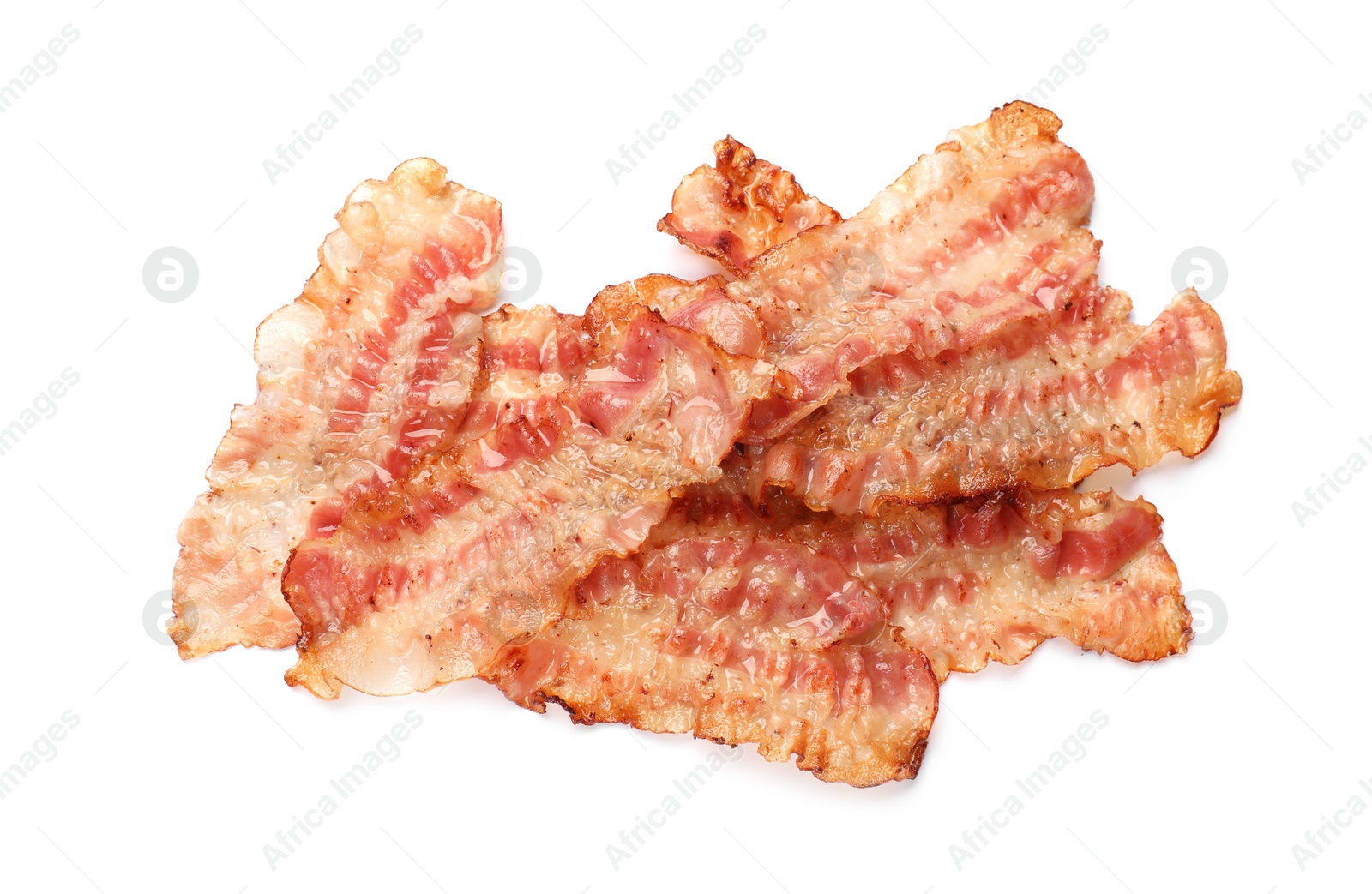 Photo of Delicious fried bacon slices isolated on white, top view