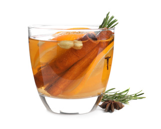 Photo of Delicious aromatic mulled wine isolated on white