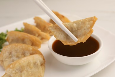 Photo of Taking delicious gyoza (asian dumpling) from plate at table, closeup