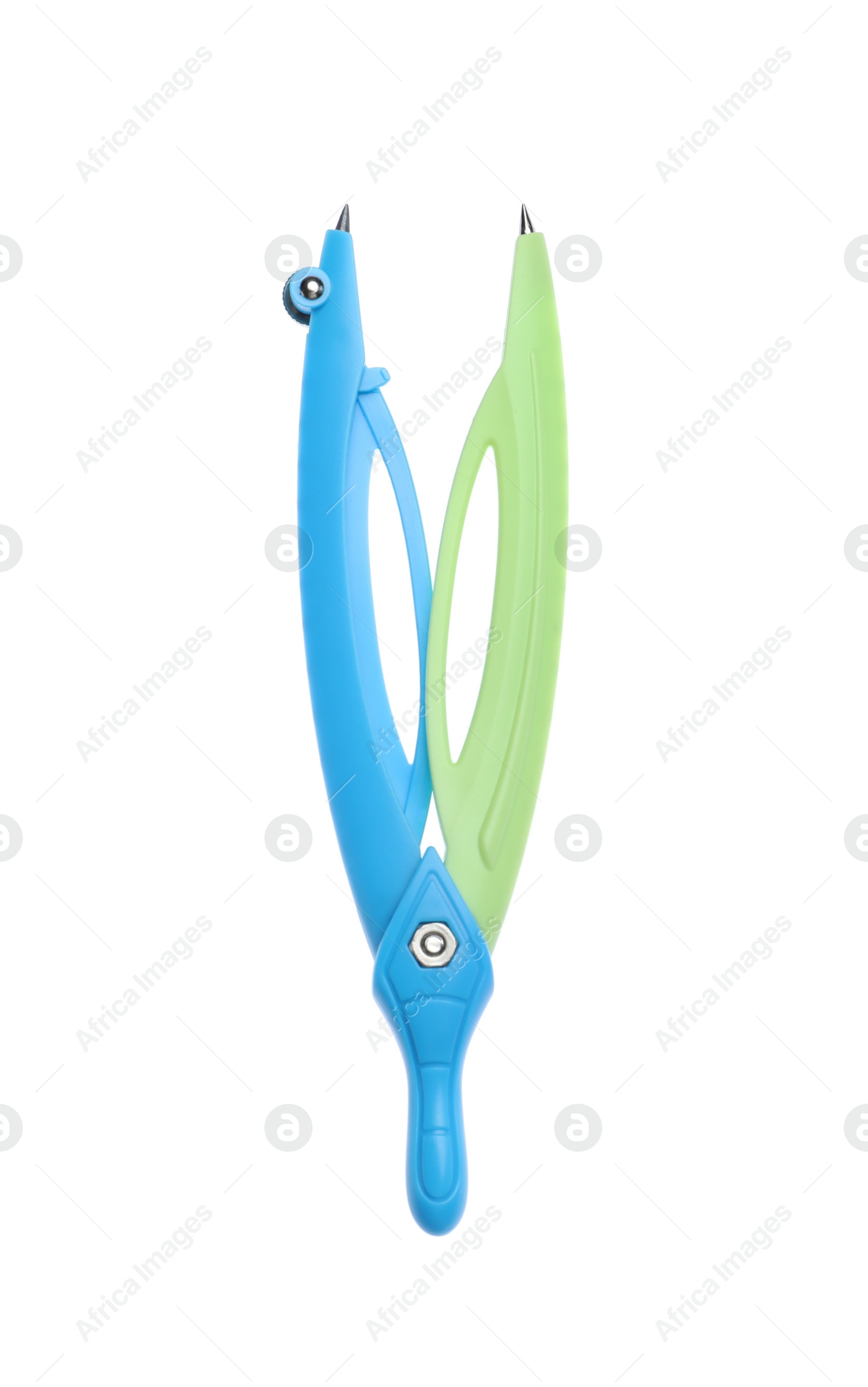 Photo of Colorful pair of compasses isolated on white, top view. School stationery