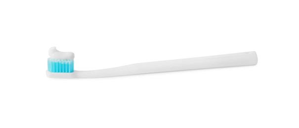 Photo of Plastic toothbrush with paste on white background