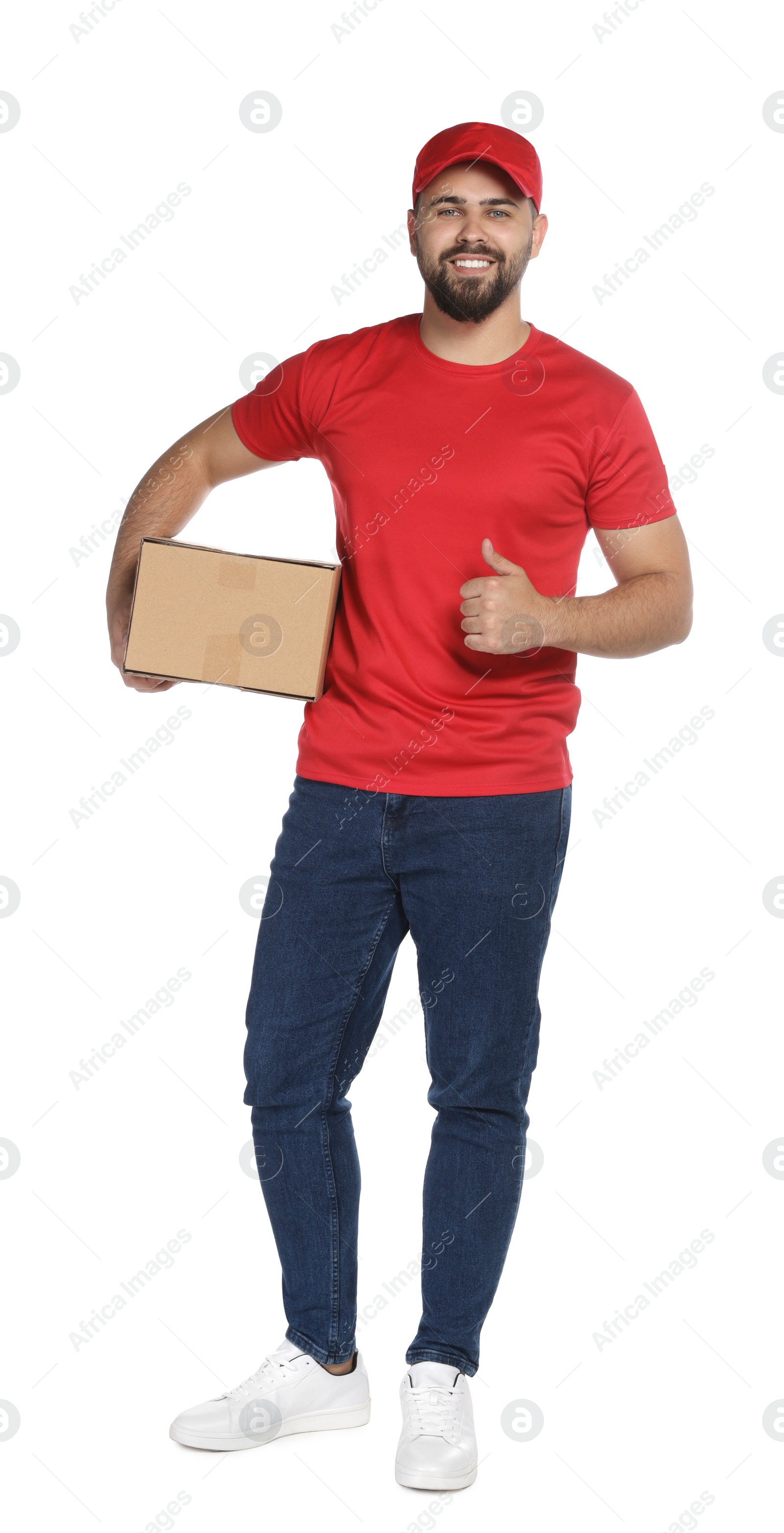 Photo of Happy young courier with cardboard box on white background