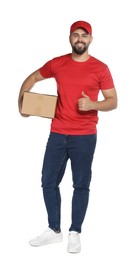 Happy young courier with cardboard box on white background