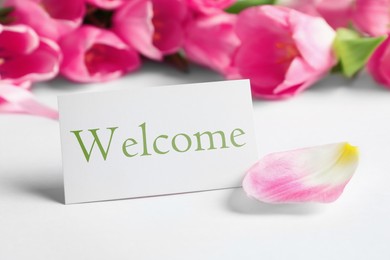 Image of Welcome card and beautiful pink tulips on white table, closeup
