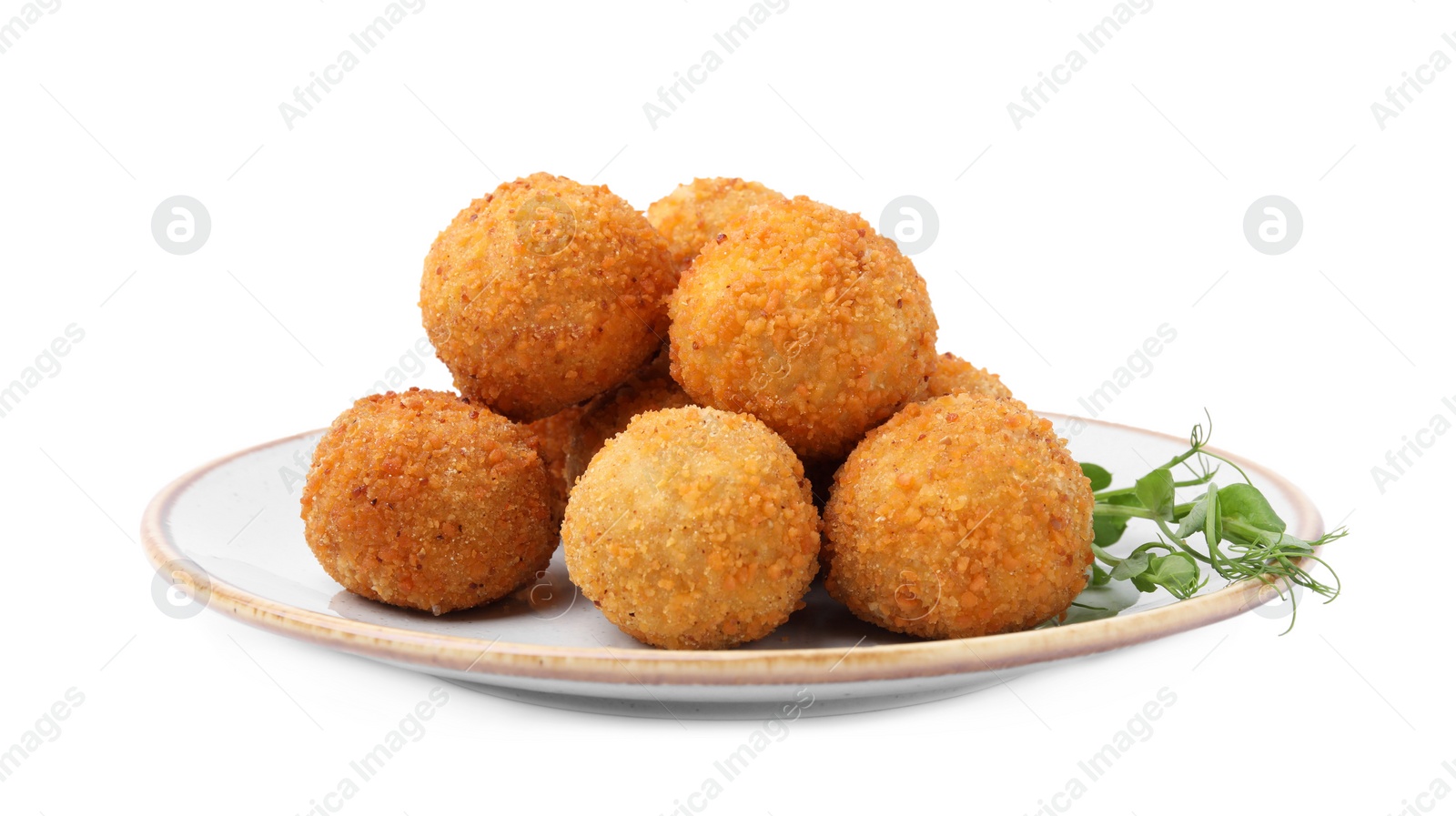 Photo of Plate with delicious fried tofu balls and pea sprouts on white background