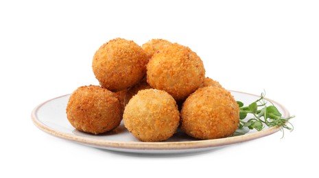 Photo of Plate with delicious fried tofu balls and pea sprouts on white background