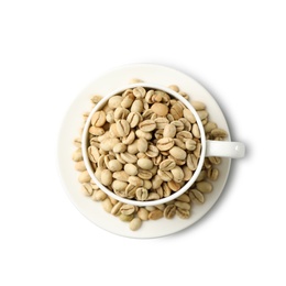 Photo of Cup and saucer with green coffee beans on white background, top view