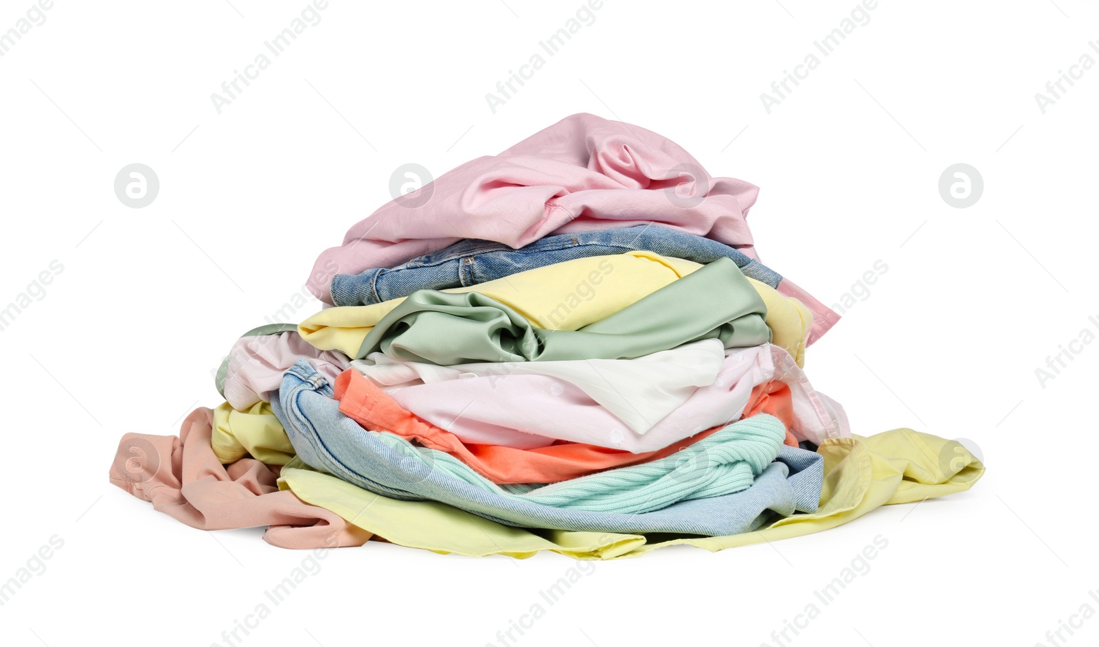 Photo of Pile of colorful clothes isolated on white