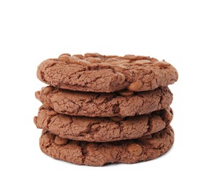 Stack of delicious chocolate chip cookies on white background