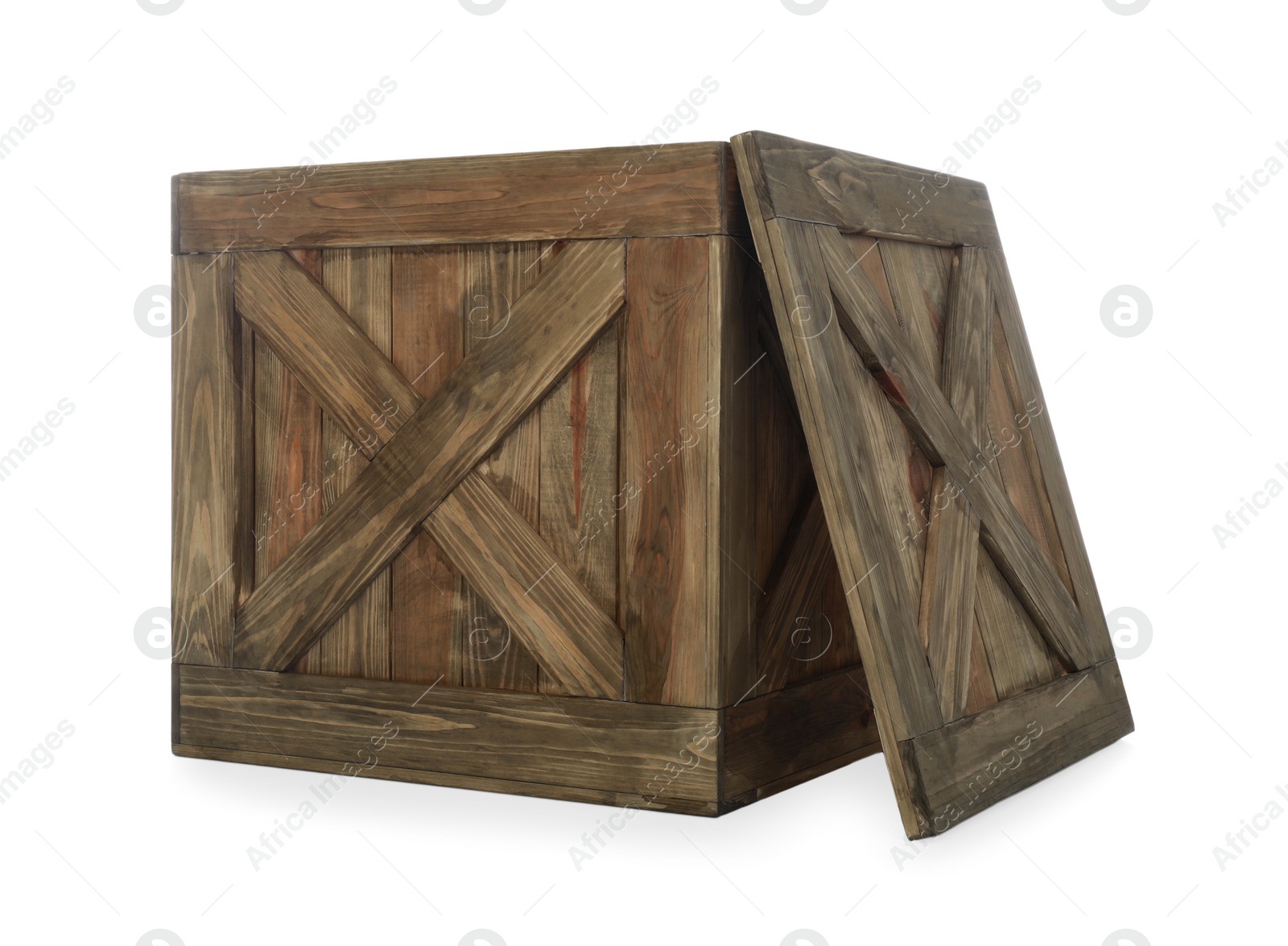 Photo of Old open wooden crate with lid isolated on white