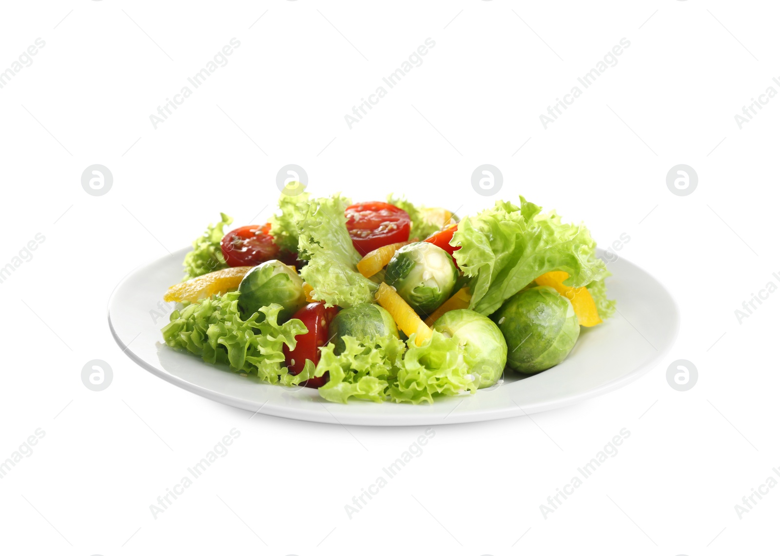 Photo of Tasty fresh salad with Brussels sprouts isolated on white