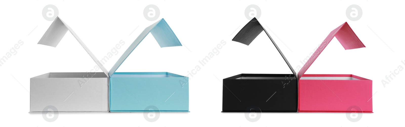 Image of Set with cardboard boxes for shoes on white background. Banner design 