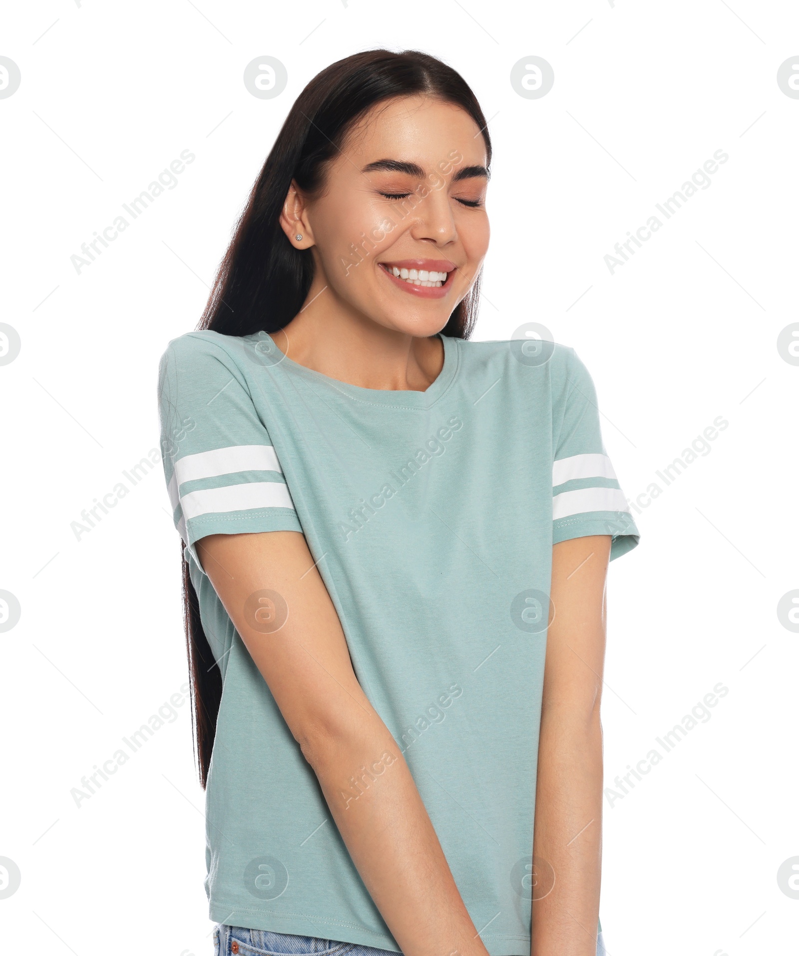 Photo of Embarrassed young woman in shirt on white background