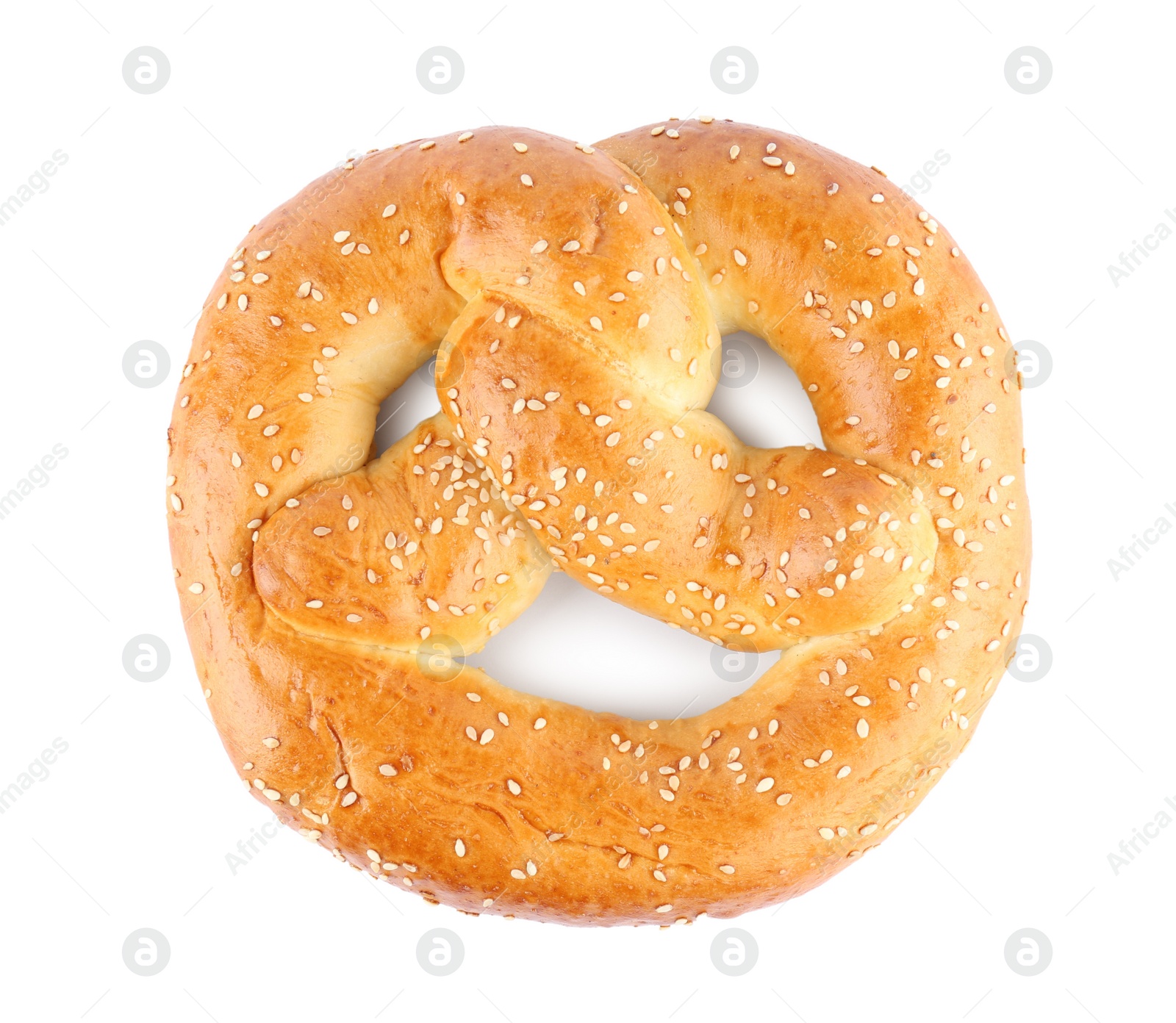Photo of Tasty freshly baked pretzel isolated on white, top view