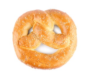 Tasty freshly baked pretzel isolated on white, top view