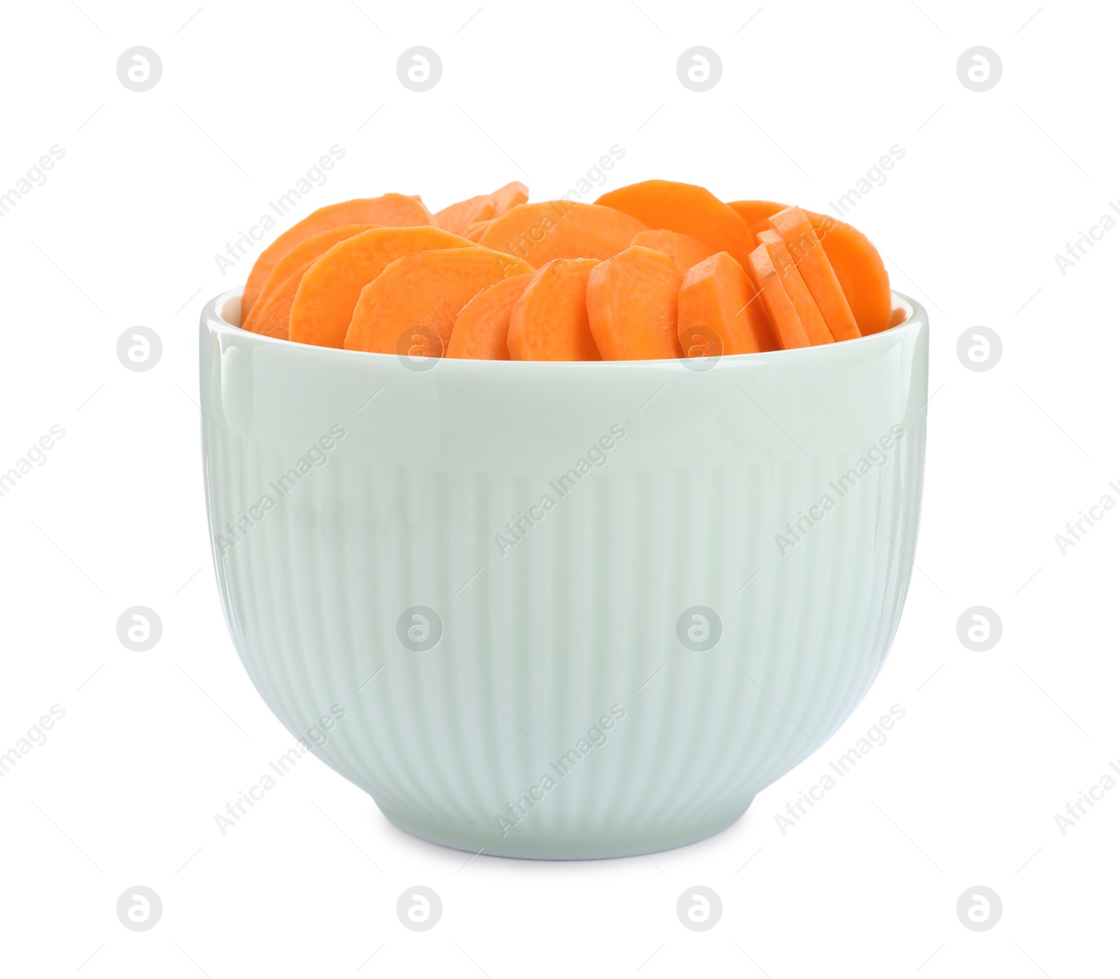 Photo of Bowl with tasty cut carrots isolated on white