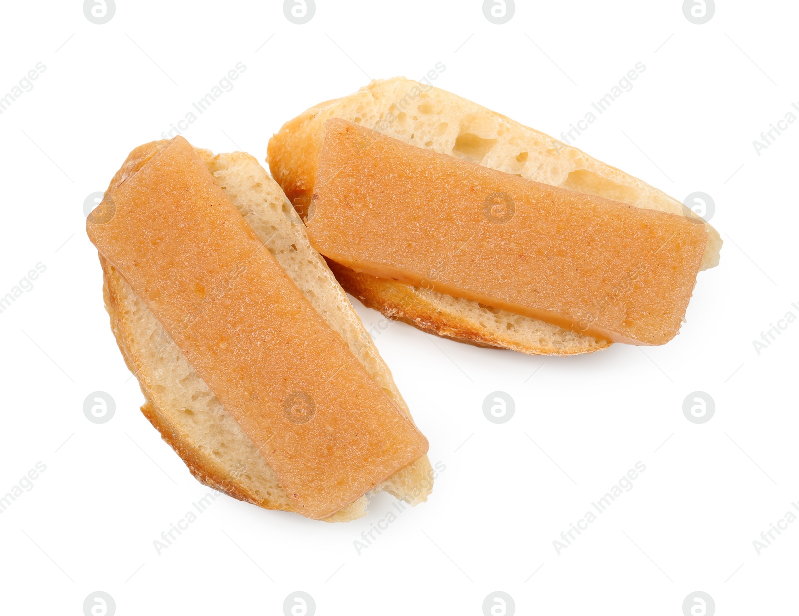 Photo of Bread with delicious sweet quince paste isolated on white, top view