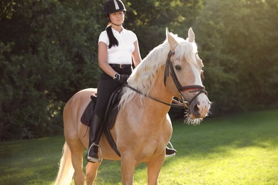 Photo of Young woman in equestrian suit riding horse outdoors on sunny day. Beautiful pet