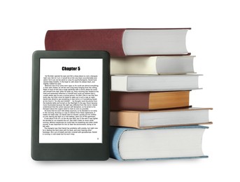 Image of Portable e-book and stack of hardcover books on white background